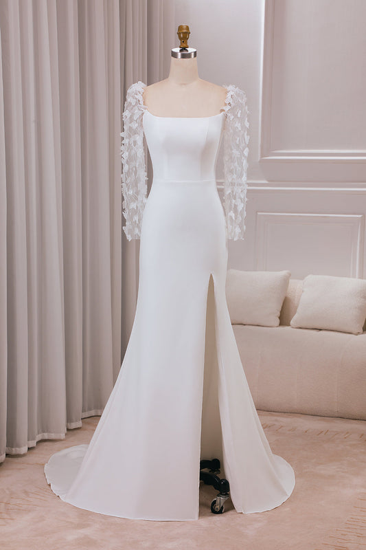 Ivory Trumpet Sweep Train Long Sleeves Bridal Dress with 3D Appliques Sexy