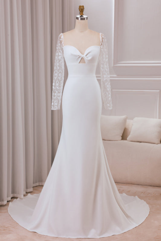 Ivory Trumpet Sweetheart Neck Satin Bridal Dress with Lace Long Sleeves Sexy