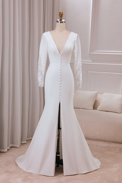 Ivory Mermaid Deep V-Neck Long Sleeves Crepe and Lace Wedding Dress Sexy