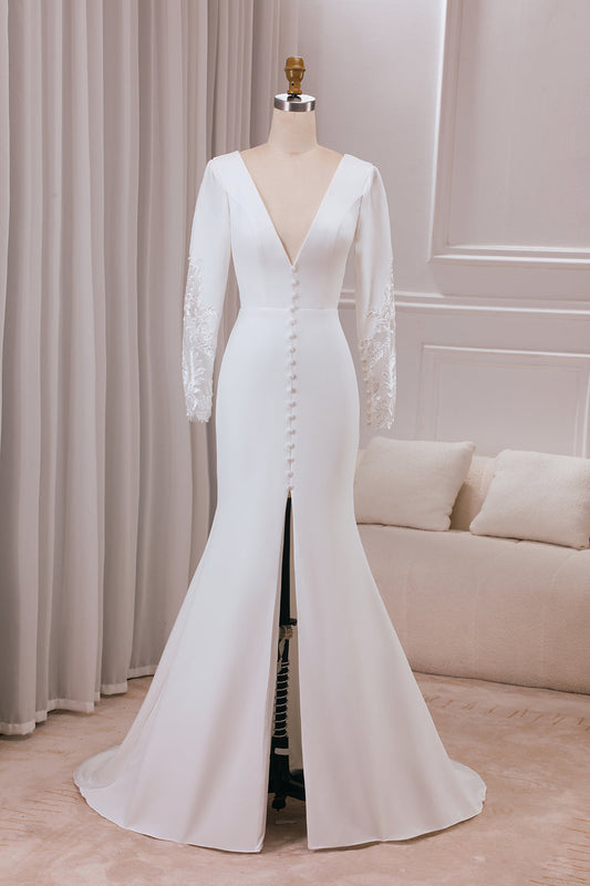 Ivory Mermaid Deep V-Neck Long Sleeves Crepe and Lace Wedding Dress Sexy