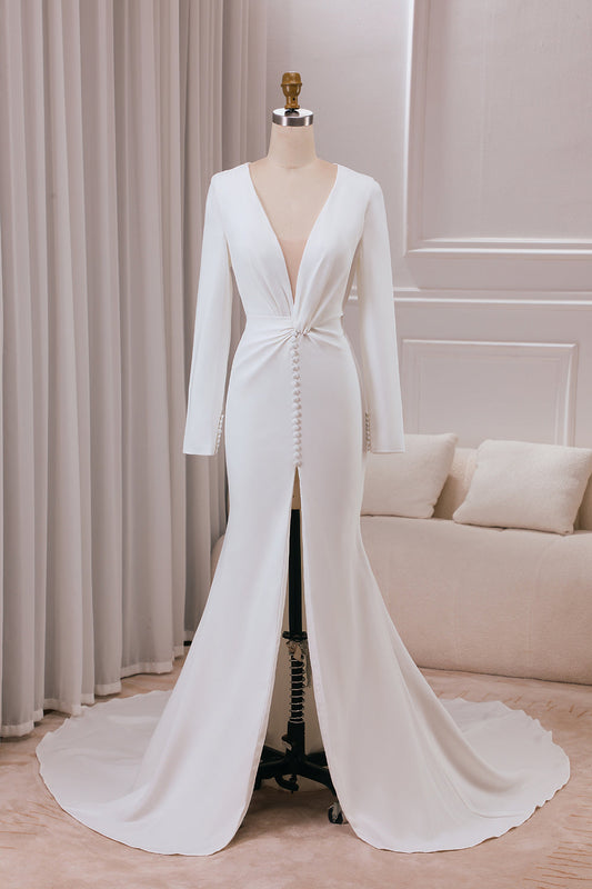 Ivory Mermaid Deep V-Neck Long Sleeves Crepe Wedding Dress with Front Slit Sexy