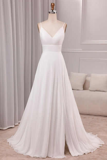 Ivory A Line Spaghetti Straps Sweep Train Bridal Dress With Slit V-neck