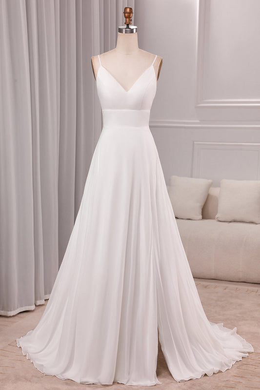Ivory A Line Spaghetti Straps Sweep Train Bridal Dress With Slit V-neck