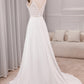 Ivory A Line Spaghetti Straps Sweep Train Bridal Dress With Slit V-neck