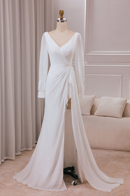 Ivory A-Line V-Neck Long Sleeves Chiffon Wedding Dress With Slit Sexy