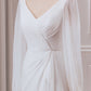 Ivory A-Line V-Neck Long Sleeves Chiffon Wedding Dress With Slit Sexy