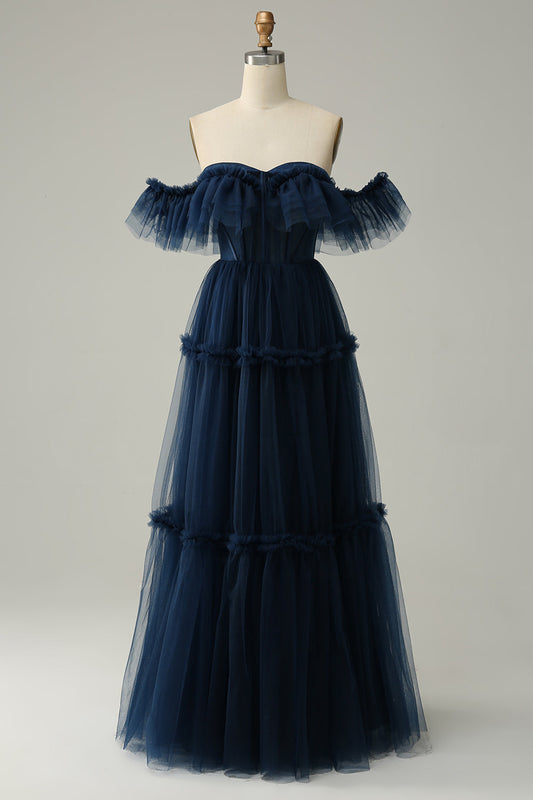 Navy A-Line Off the Shoulder Sweetheart Tulle Long Prom Dress Floor Length