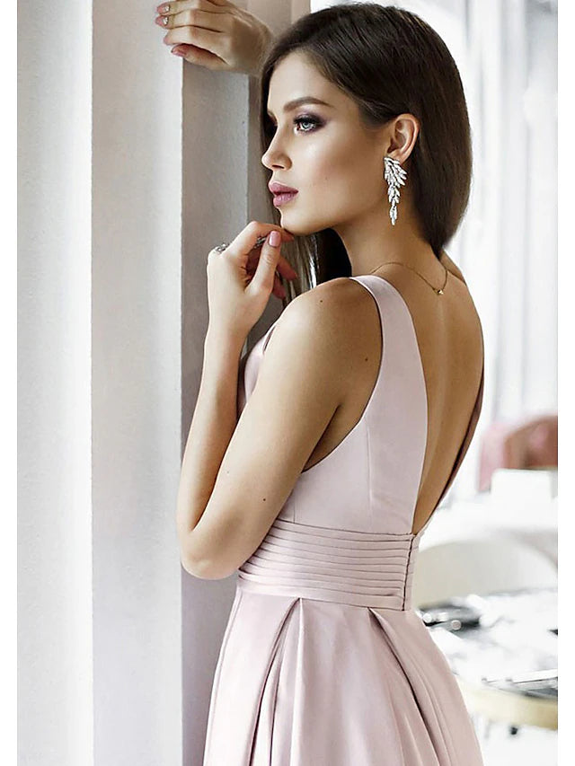 A-Line Elegant Engagement Formal Evening Dress V Neck Sleeveless Sweep / Brush Train Satin