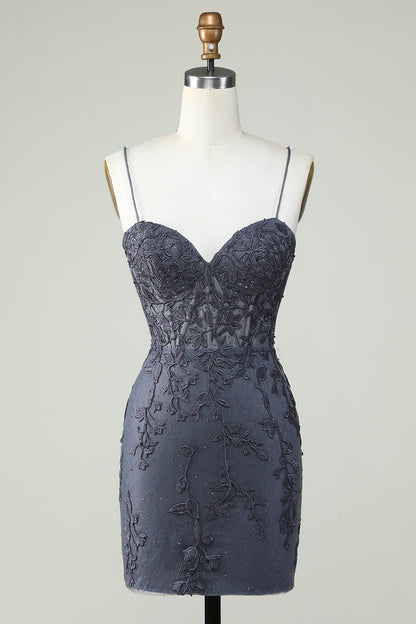 Spaghetti Straps Tight Homecoming Dress With Appliques Short
