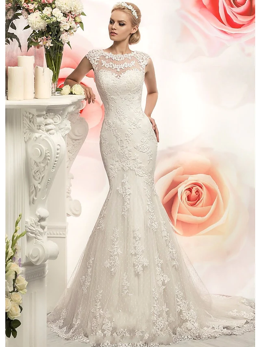 Mermaid Trumpet Wedding Dresses Jewel Neck Court Train Lace Tulle Cap Sleeve with