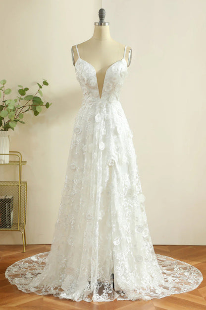 Boho Wedding Spaghetti Straps Dress with Slit Sexy