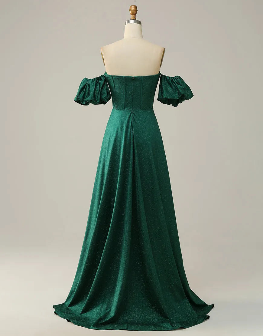 Dark Green A-Line Off The Shoulder Long Glitter Prom Dress