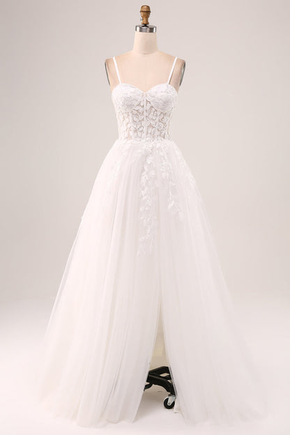 Ivory A-Line Spaghetti Straps Lace Appliques Tulle Wedding Dress with Slit Sexy