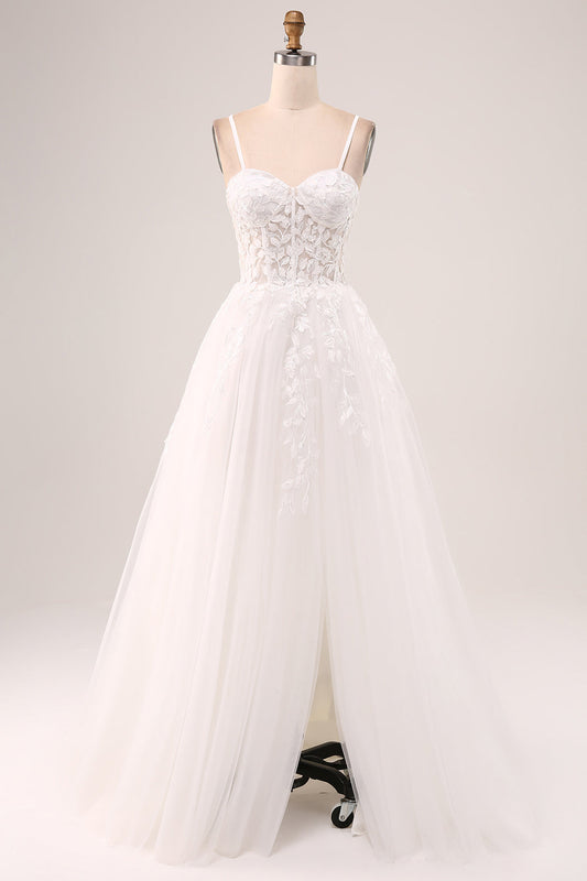 Ivory A-Line Spaghetti Straps Lace Appliques Tulle Wedding Dress with Slit Sexy