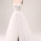 Ivory A-Line Spaghetti Straps Lace Appliques Tulle Wedding Dress with Slit Sexy