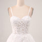Ivory A-Line Spaghetti Straps Lace Appliques Tulle Wedding Dress with Slit Sexy