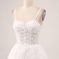 Ivory A-Line Spaghetti Straps Lace Appliques Tulle Wedding Dress with Slit Sexy