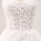 Ivory A-Line Spaghetti Straps Lace Appliques Tulle Wedding Dress with Slit Sexy