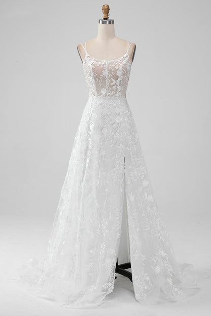 Ivory A Line Spaghetti Straps Front Slit Tulle Wedding Dress With Embroidery Sexy