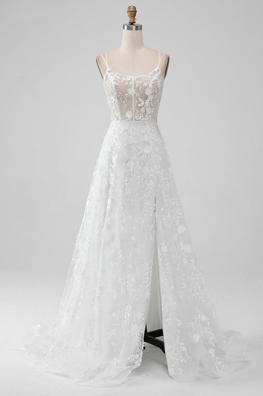 Ivory A Line Spaghetti Straps Front Slit Tulle Wedding Dress With Embroidery Sexy