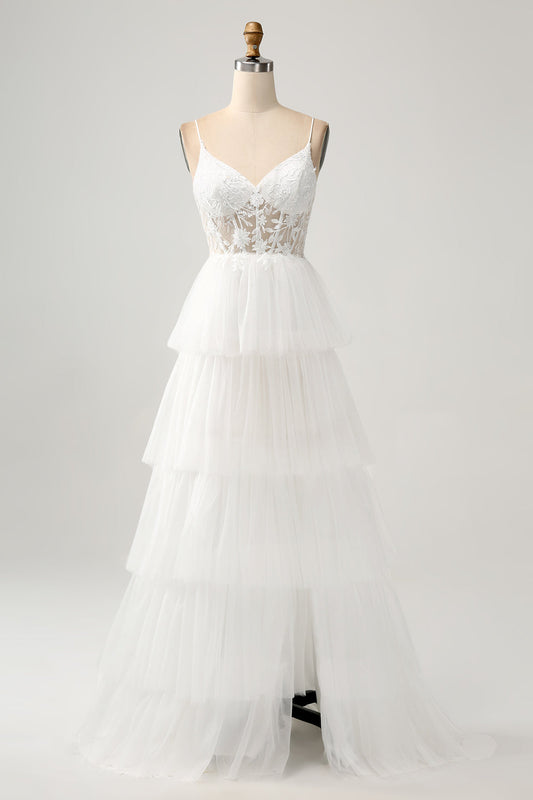 Ivory A-Line Spaghetti Straps Tulle Corset Tiered Wedding Dress With Appliques Sexy