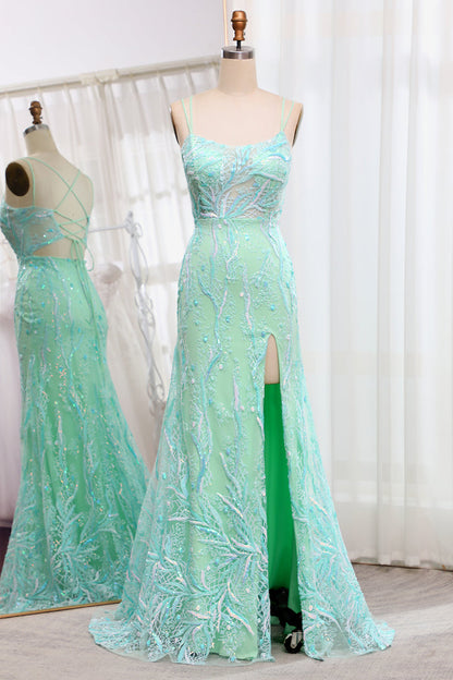 Light Green Mermaid Lace-Up Back Sequins Prom Dress with Slit