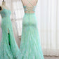 Light Green Mermaid Lace-Up Back Sequins Prom Dress with Slit