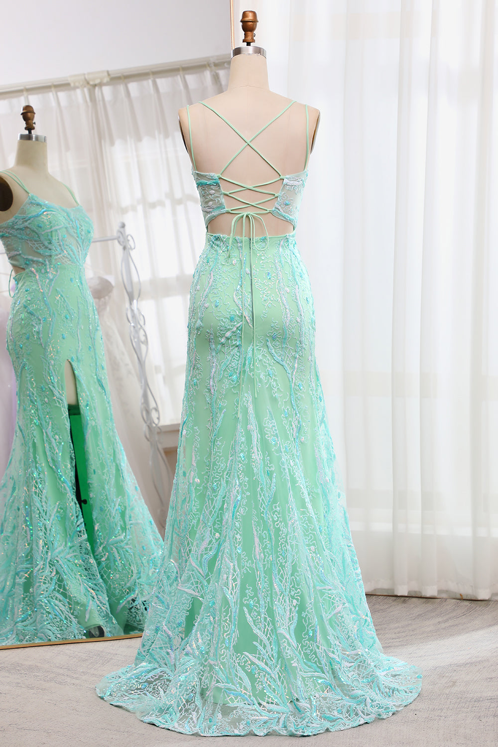 Light Green Mermaid Lace-Up Back Sequins Prom Dress with Slit