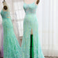 Light Green Mermaid Lace-Up Back Sequins Prom Dress with Slit
