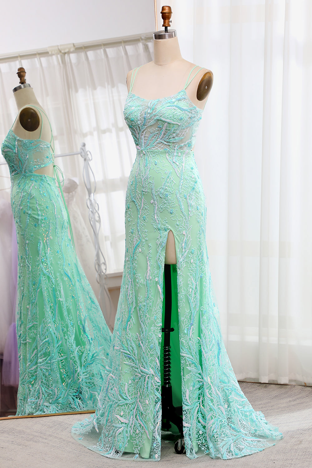 Light Green Mermaid Lace-Up Back Sequins Prom Dress with Slit