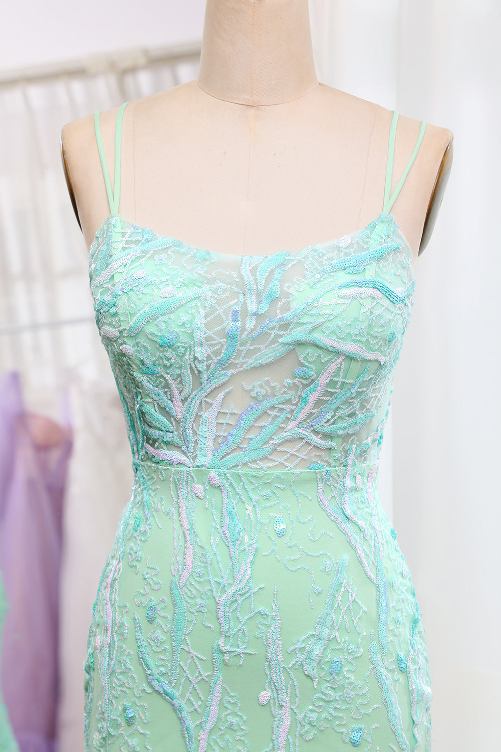 Light Green Mermaid Lace-Up Back Sequins Prom Dress with Slit