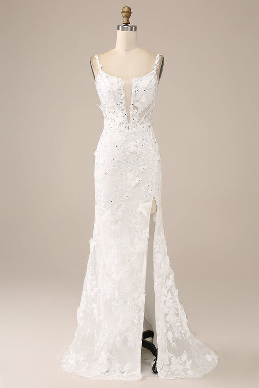 Ivory Mermaid Spaghetti Straps Long Corset Wedding Dress with Appliques Sexy