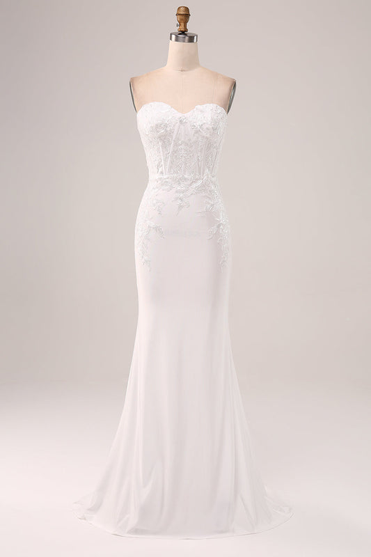 Stylish Ivory Mermaid Sweetheart Corset Wedding Dress with Lace Appliques Off Shoulder