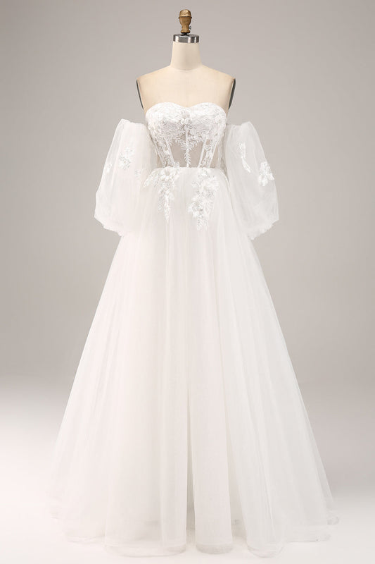 Ivory A Line Sweetheart Off The Shoulder Corset Wedding Dress with Appliques Sexy