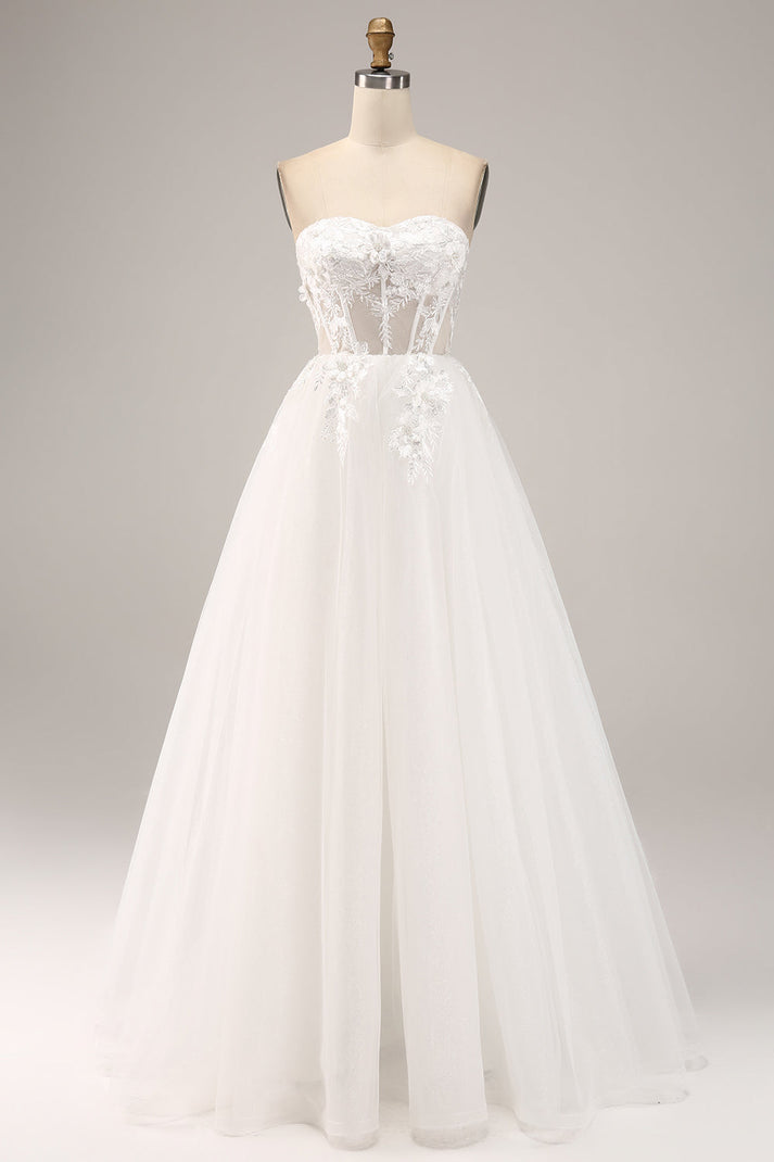 Sweetheart Pleated Corset A-line Dress With Slit Ivory main image 1