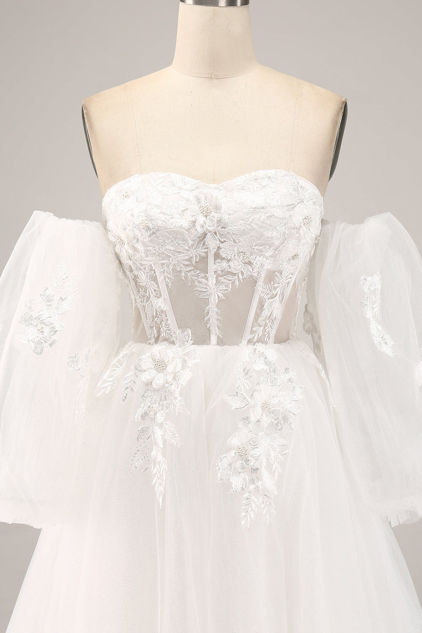 Sweetheart Neck Pleated Corset Applique Dress With Slit Ivory main image 1