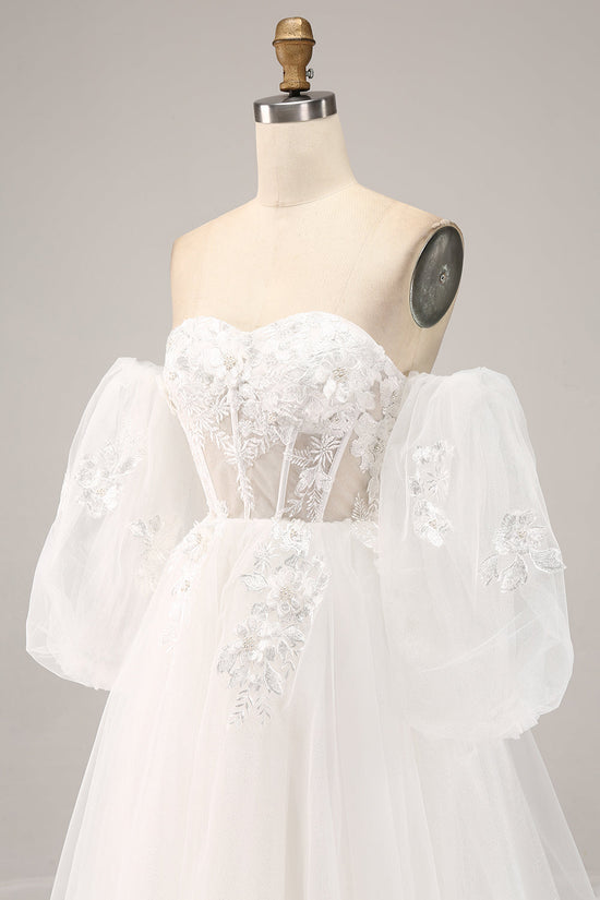 Ivory A Line Sweetheart Off The Shoulder Corset Wedding Dress with Appliques Sexy main image 0