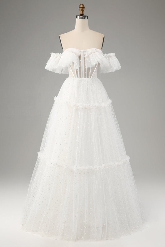 Princess A-Line Off The Shoulder Tiered Long Ivory Wedding Dress Sexy