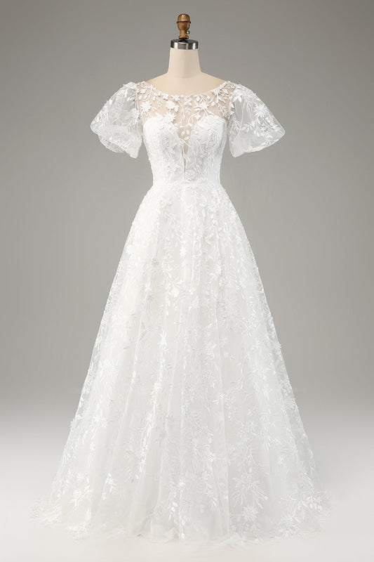 Ivory Ball-Gown/Princess Embroidered Long Wedding Dress with Short Sleeves Beautiful