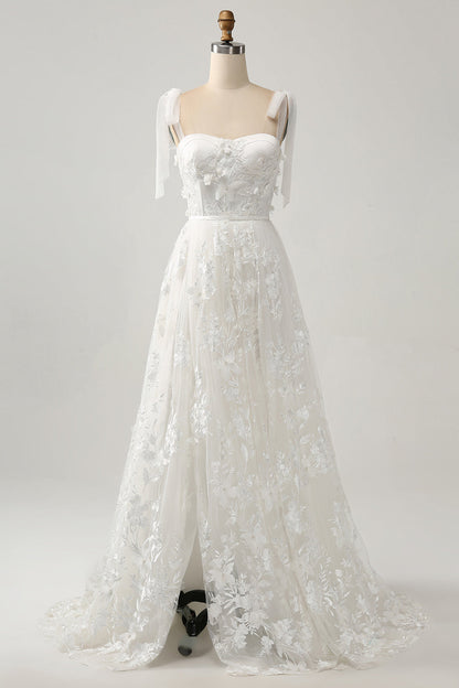 Ivory A-Line Spaghetti Straps Tulle Corset Tiered Long Wedding Dress With Appliques Beautiful