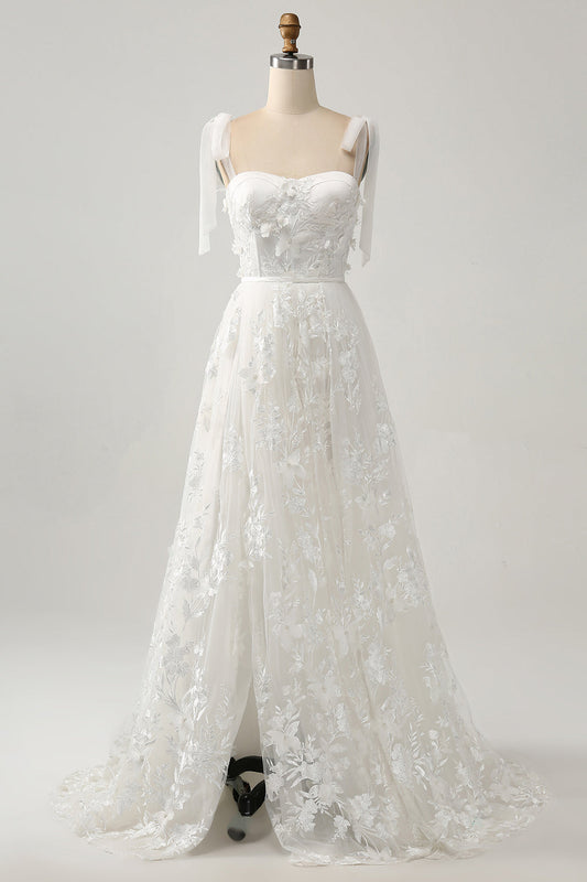 Ivory A-Line Spaghetti Straps Tulle Corset Tiered Long Wedding Dress With Appliques Beautiful