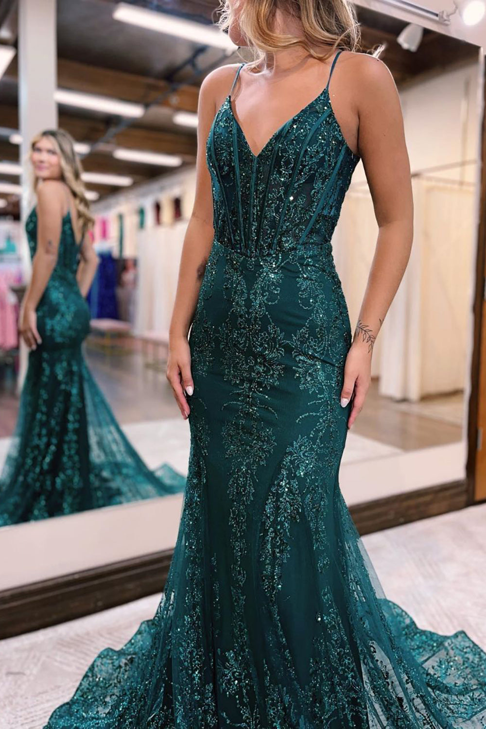 Sparkly Dark Green Mermaid Sequin Long Prom Dress Sexy