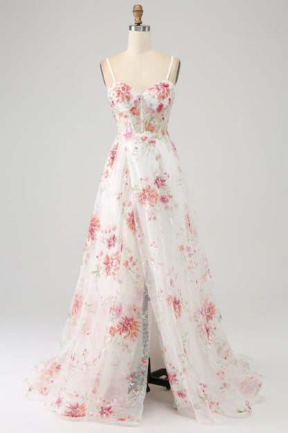 Elegant Sparkly Ivory Flower A Line Sequin Corset Party Dress With Slit Sexy
