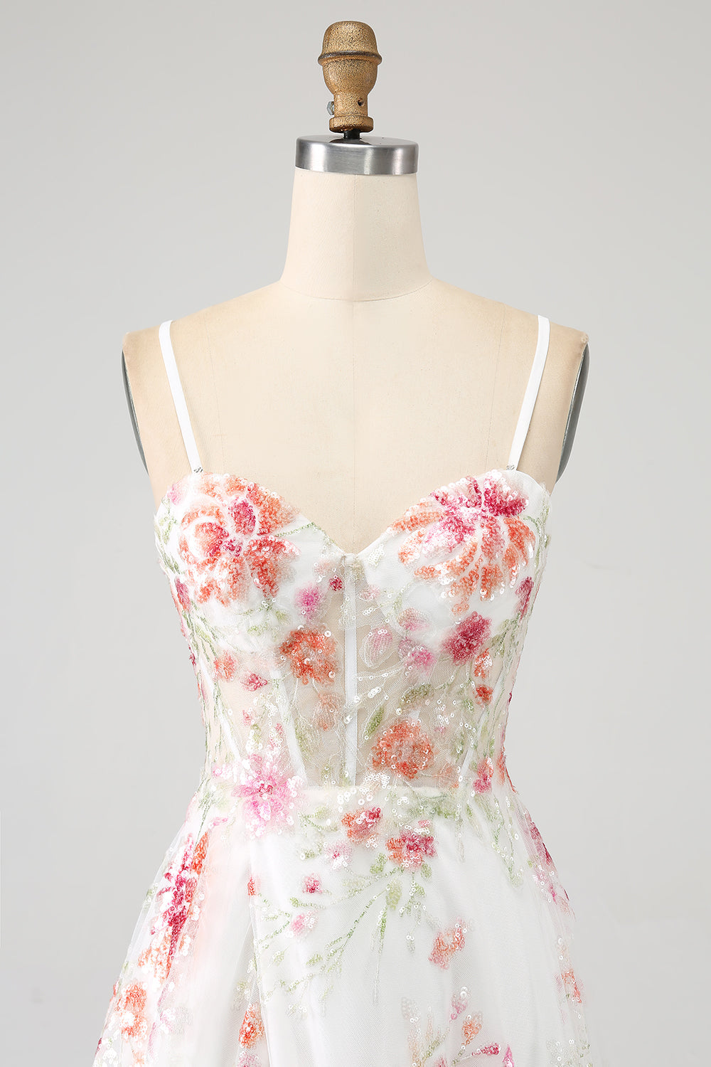 Elegant Sparkly Ivory Flower A Line Sequin Corset Party Dress With Slit Sexy