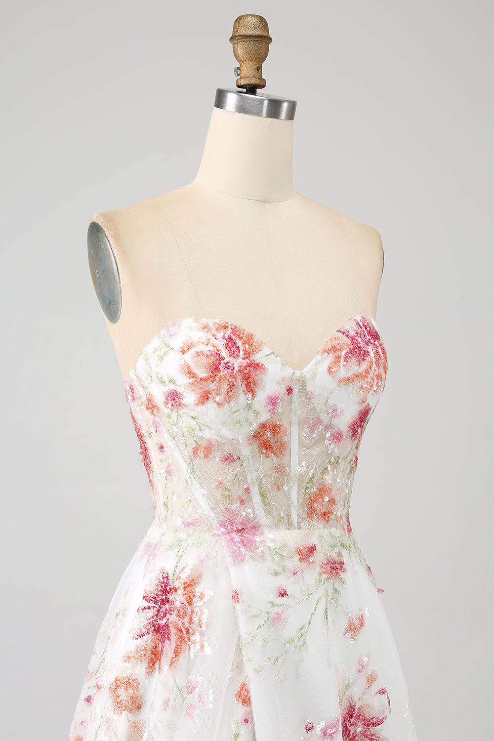 Elegant Sparkly Ivory Flower A Line Sequin Corset Party Dress With Slit Sexy