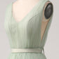 A-Line V Neck Tiered Floor Length Tulle Maxi Dress With Slit Prom Dresses