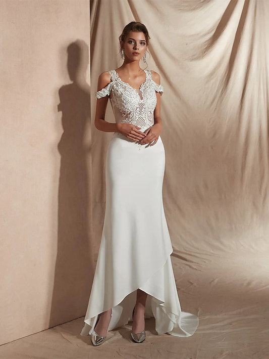 Mermaid Trumpet Wedding Dresses V Neck Asymmetrical Matte Satin Short Sleeve Casual Sexy Illusion Detail Modern