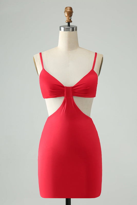 Red Bodycon Spaghetti Straps Homecoming Dress with Hollow Out Sexy