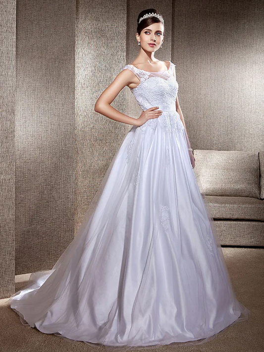 Ball Gown A-Line Wedding Dresses Scoop Neck Lace Tulle Sleeveless Beautiful