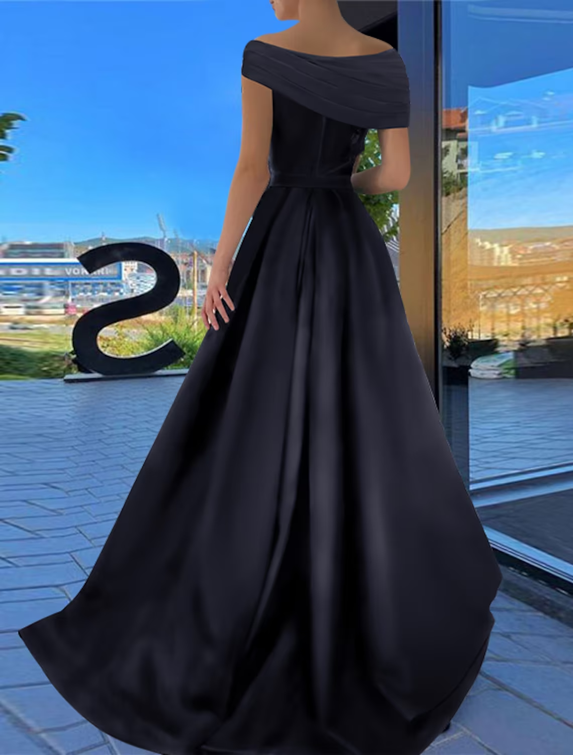 A-Line Prom Dresses Little Black Dress Dress Formal Floor Length Short Sleeve Off Shoulder Satin